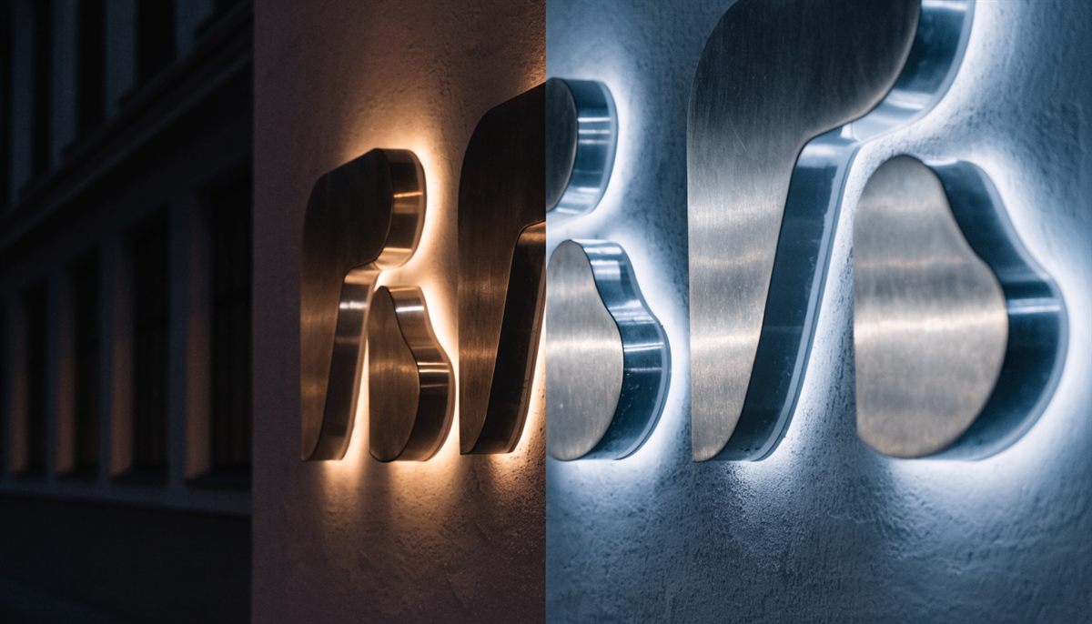 Lettres stylisées en métal brossé, rétroéclairées sur un mur enduit : la température de couleur LED passe du blanc chaud, à gauche, au blanc froid, à droite
