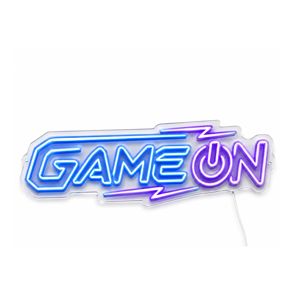 Néon LED Game On – Bleu & violet sur fond blanc