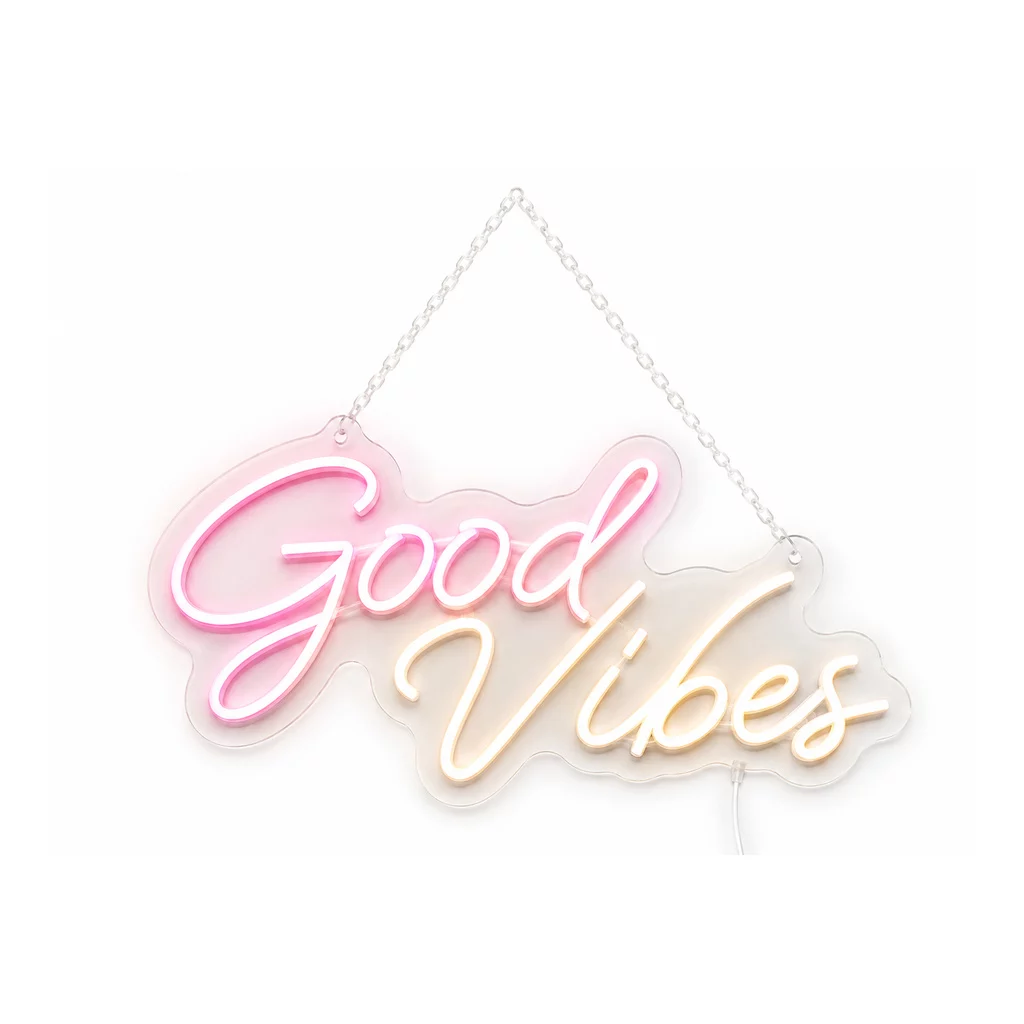 Néon LED Good Vibes Duo – Rose & blanc chaud sur fond blanc