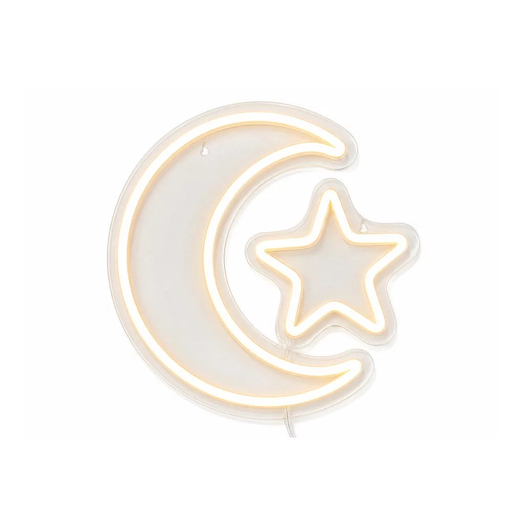 Néon LED Lune & Étoile – Blanc chaud sur fond blanc
