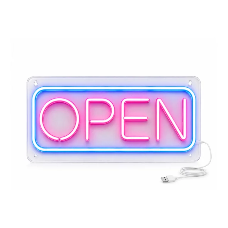 Néon LED Open rose et bleu sur support acrylique transparent, avec son câble USB