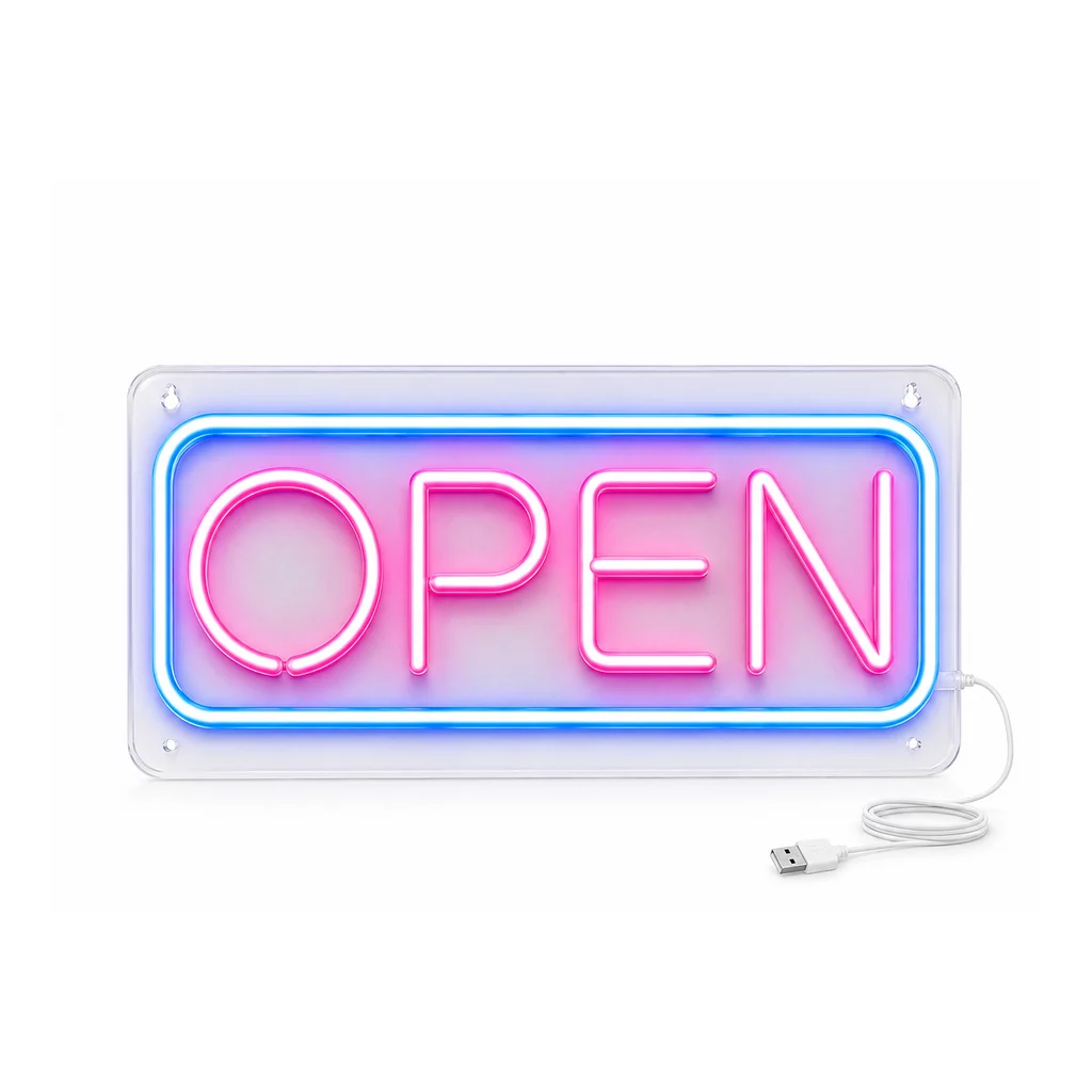 Néon LED Open – Rose & bleu sur fond blanc