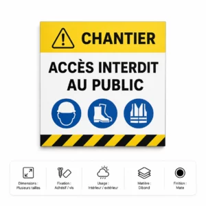 Panneau chantier accès interdit au public sur fond blanc
