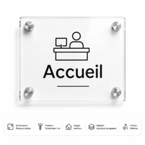 Plaque accueil en acrylique transparent sur fond blanc