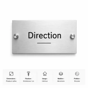 Plaque direction en aluminium brossé sur fond blanc
