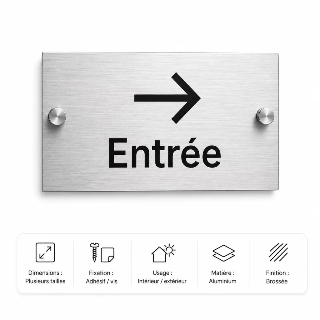 Plaque entrée en aluminium brossé sur fond blanc