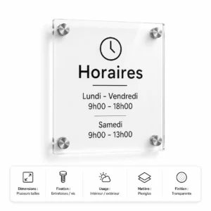 Plaque horaires en plexiglas transparent sur fond blanc