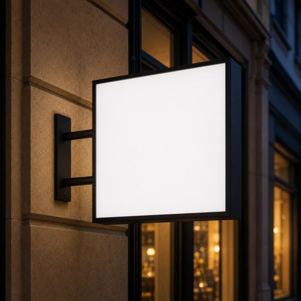 Enseigne drapeau lumineuse fixée sur potence, de nuit