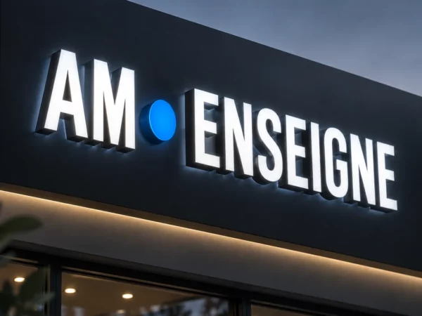 Enseigne lumineuse personnalisée en lettres découpées rétroéclairées sur une façade, de nuit