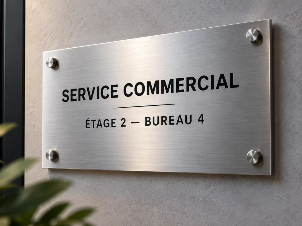Illustration : plaque professionnelle personnalisée en métal brossé, fixée au mur par quatre entretoises