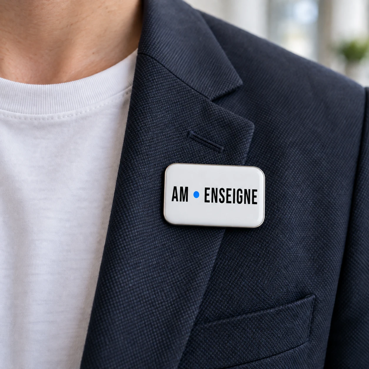 Badge rectangulaire blanc à coins arrondis, porté sur le revers d'une veste bleu marine, logo AM - ENSEIGNE imprimé en noir sur une ligne