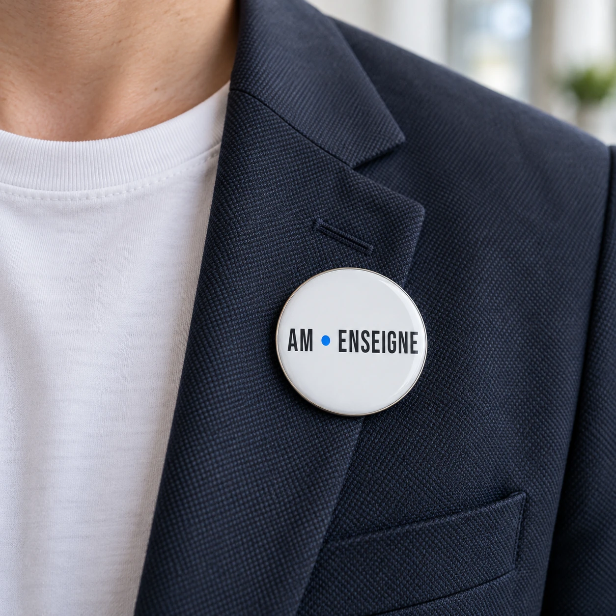 Badge rond personnalisé, porté sur le revers d’une veste bleu marine