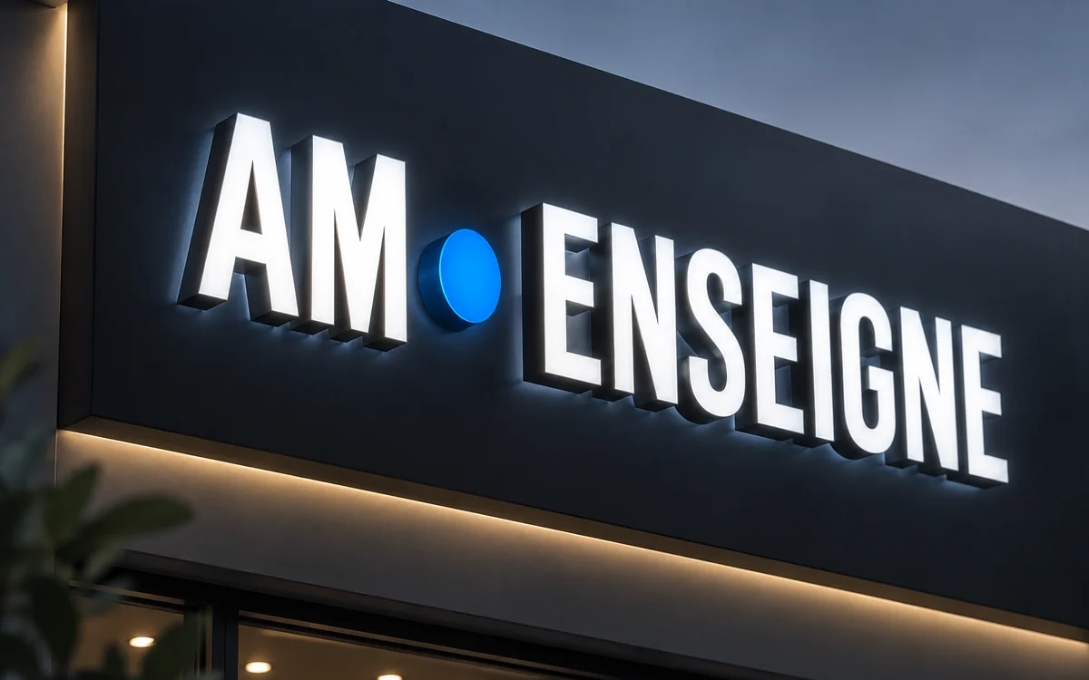 Enseigne lumineuse AM - ENSEIGNE : lettres boîtiers rétroéclairées sur une façade sombre