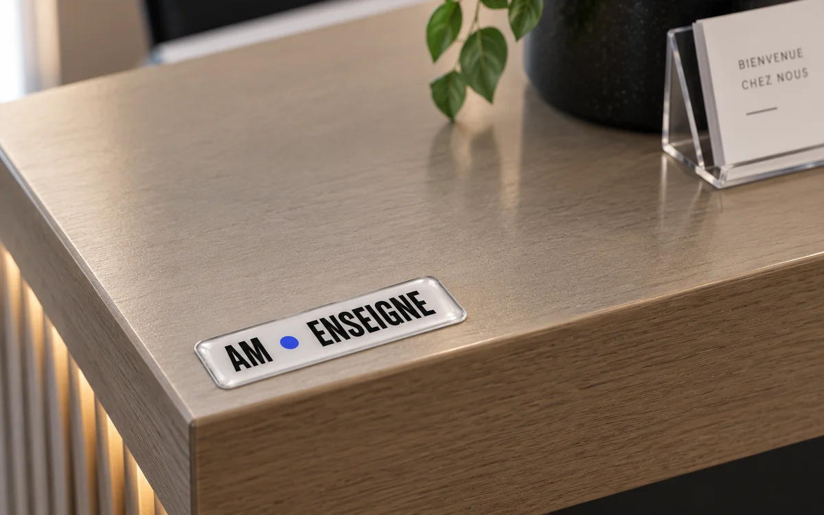 Étiquette 3D personnalisée au nom AM ENSEIGNE, en résine doming, posée sur un bureau en bois clair