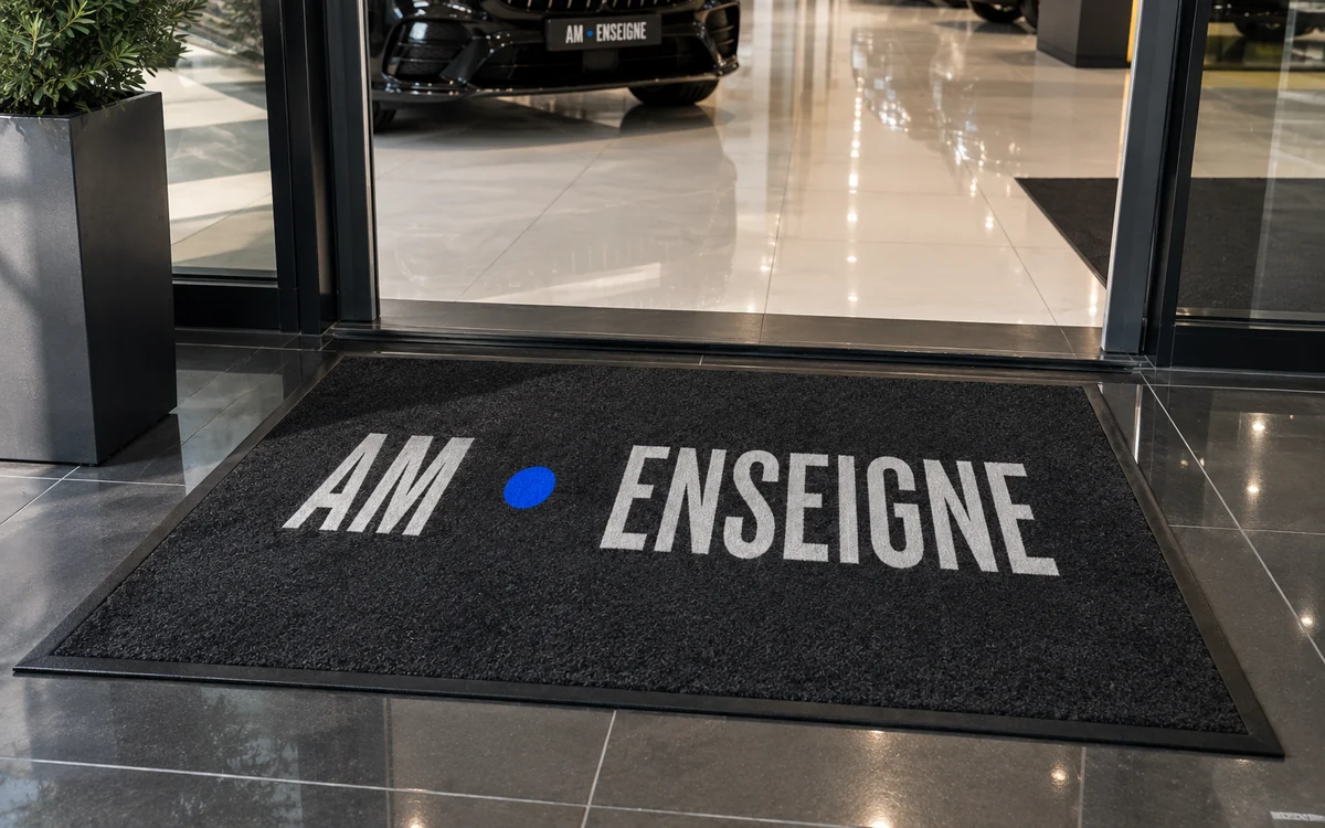 Tapis d’entrée personnalisé avec logo, posé dans le sas d’une concession