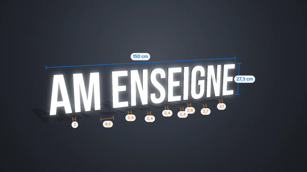 Aperçu du configurateur : enseigne lumineuse personnalisée en lettres découpées de 150 cm, avec ses cotes