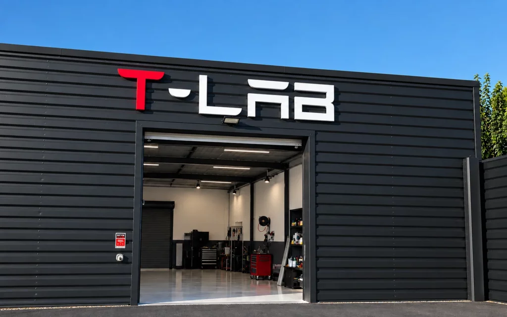 Enseigne personnalisée T-LAB au-dessus du portail d’un atelier automobile