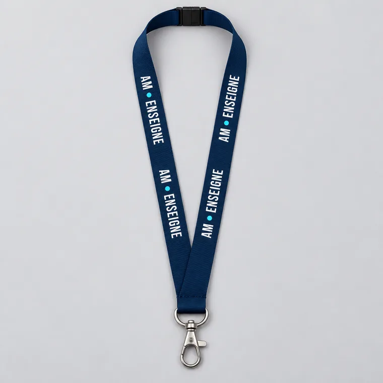 Lanyard bleu marine AM - Enseigne, présenté à plat avec mousqueton métal